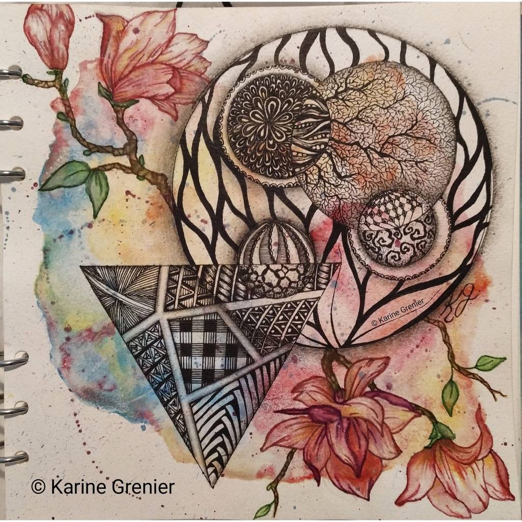 "Courage et Renouveau"
Technique de feutre sur aquarelle
Inspiration Zentangle, nature et géométrie, entre le coeur et l'esprit.
26 avril 2024